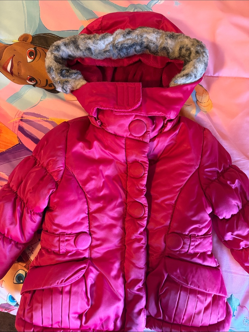 London Fog Girls Hot Pink Puffer Coat with Ruffle Trim